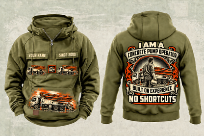 Personalized Putzmeister 38Z-5-Meter Concrete Pump Vintage Hoodie in military-green, front and back artwork with YOUR NAME and SINCE 2000 sample text.