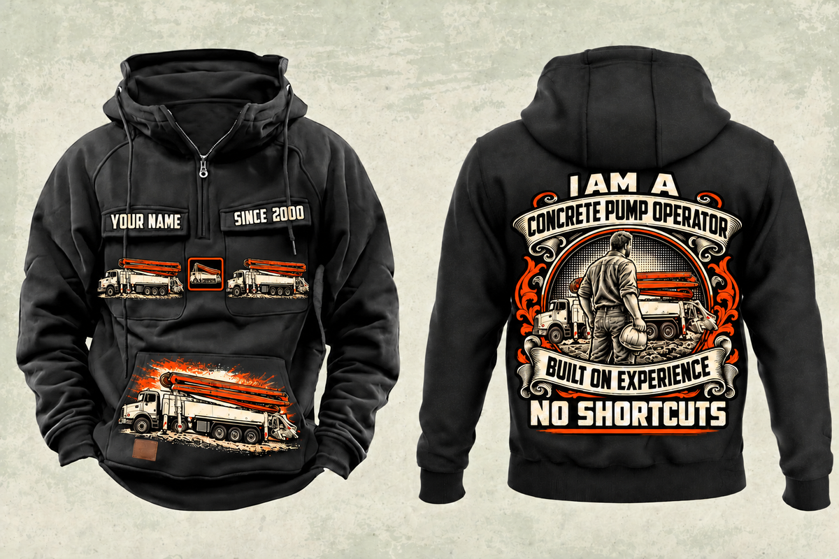 Personalized Putzmeister 47Z-Meter Concrete Pump Vintage Hoodie in black, front and back artwork with YOUR NAME and SINCE 2000 sample text.
