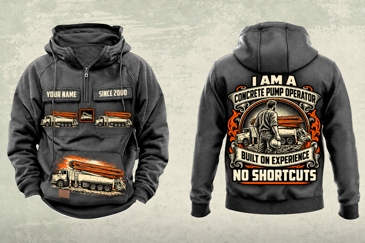 Personalized Putzmeister 47Z-Meter Concrete Pump Vintage Hoodie in dark-gray, front and back artwork with YOUR NAME and SINCE 2000 sample text.