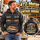 Personalized Putzmeister 47Z-Meter Concrete Pump Vintage Hoodie in Dark Gray, front and back artwork with YOUR NAME and SINCE 2000 sample text.
