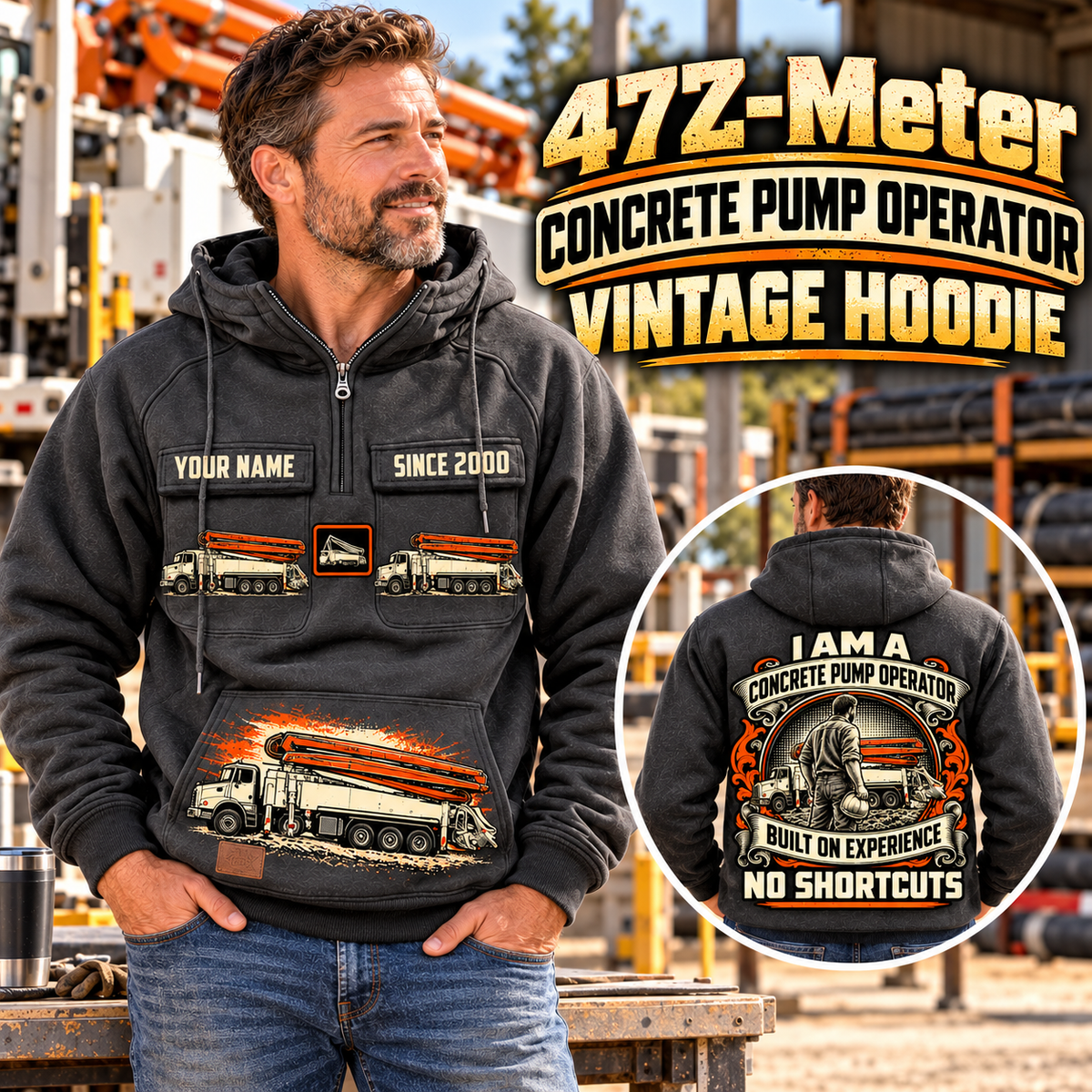 Personalized Putzmeister 47Z-Meter Concrete Pump Vintage Hoodie in Dark Gray, front and back artwork with YOUR NAME and SINCE 2000 sample text.