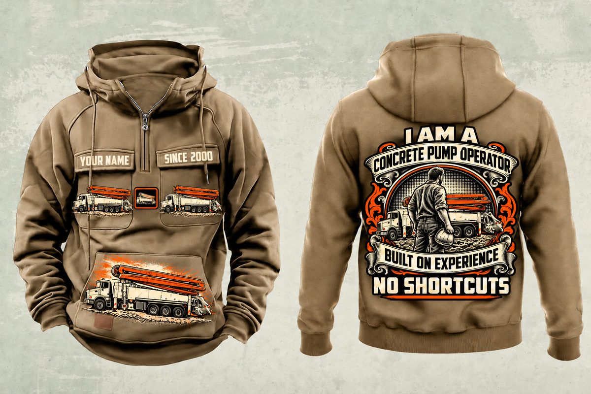 Personalized Putzmeister 47Z-Meter Concrete Pump Vintage Hoodie in kaki, front and back artwork with YOUR NAME and SINCE 2000 sample text.