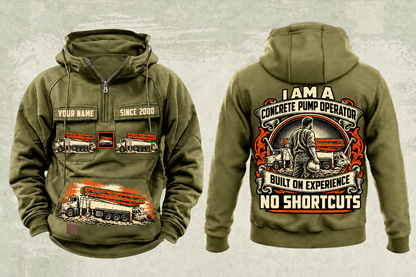 Personalized Putzmeister 47Z-Meter Concrete Pump Vintage Hoodie in military-green, front and back artwork with YOUR NAME and SINCE 2000 sample text.