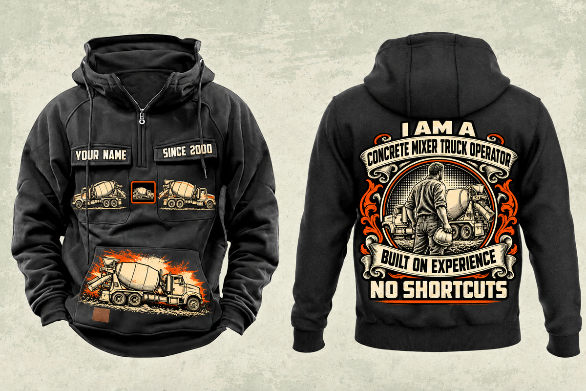 Personalized McNeilus Standard Rear Discharge Mixer Concrete Mixer Truck Vintage Hoodie in black, front and back artwork with YOUR NAME and SINCE 2000 sample text.