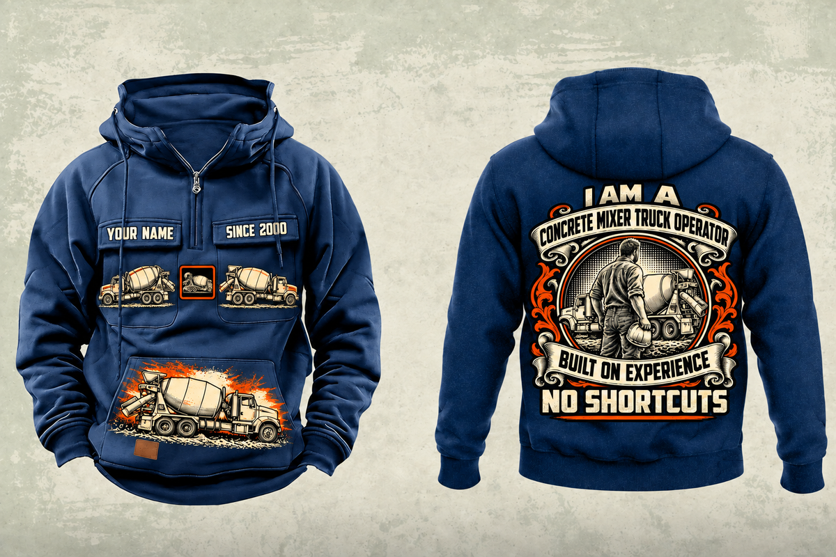 Personalized McNeilus Standard Rear Discharge Mixer Concrete Mixer Truck Vintage Hoodie in dark-blue, front and back artwork with YOUR NAME and SINCE 2000 sample text.
