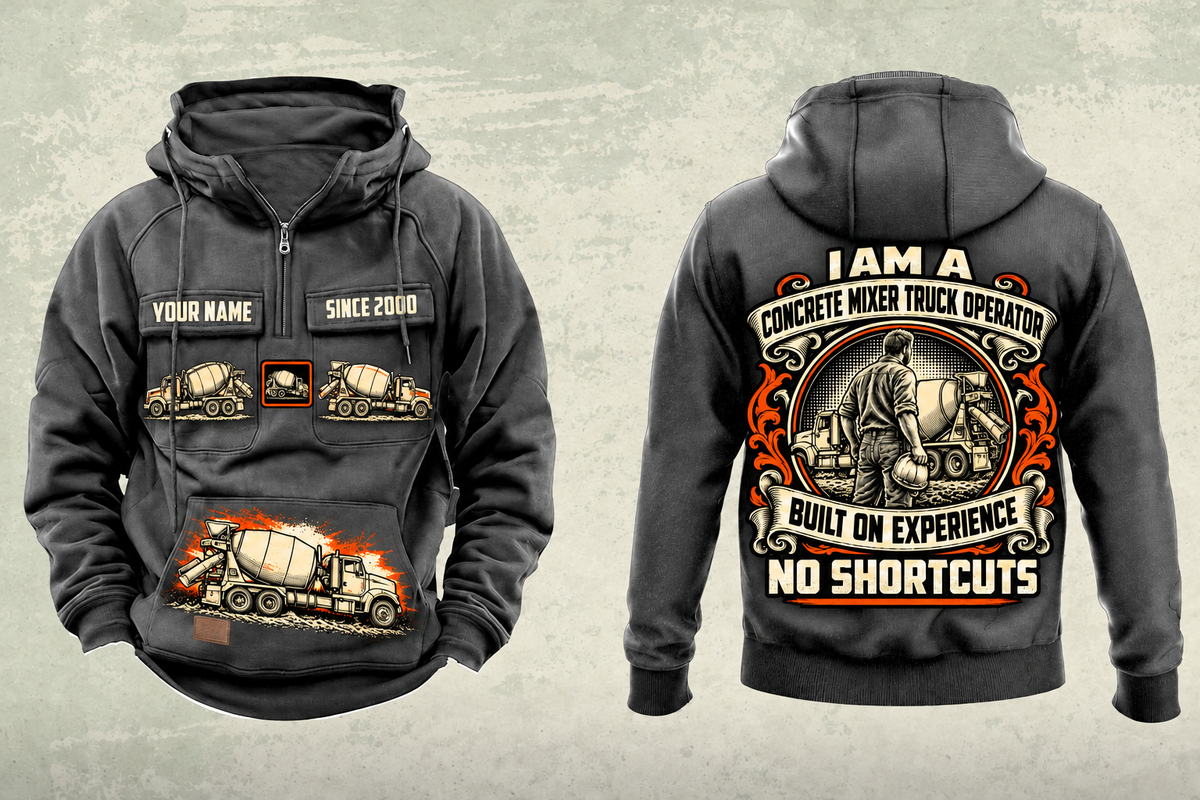 Personalized McNeilus Standard Rear Discharge Mixer Concrete Mixer Truck Vintage Hoodie in dark-gray, front and back artwork with YOUR NAME and SINCE 2000 sample text.
