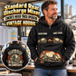 Personalized McNeilus Standard Rear Discharge Mixer Concrete Mixer Truck Vintage Hoodie in Black, front and back artwork with YOUR NAME and SINCE 2000 sample text.