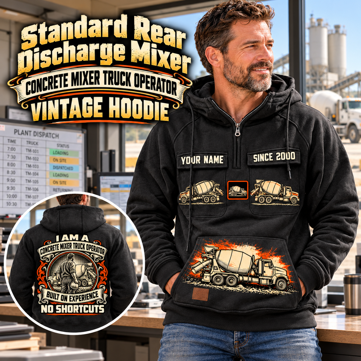 Personalized McNeilus Standard Rear Discharge Mixer Concrete Mixer Truck Vintage Hoodie in Black, front and back artwork with YOUR NAME and SINCE 2000 sample text.