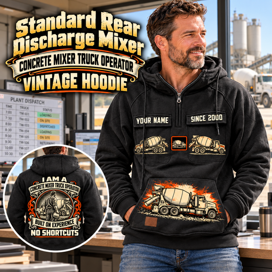 Personalized McNeilus Standard Rear Discharge Mixer Concrete Mixer Truck Vintage Hoodie in Black, front and back artwork with YOUR NAME and SINCE 2000 sample text.