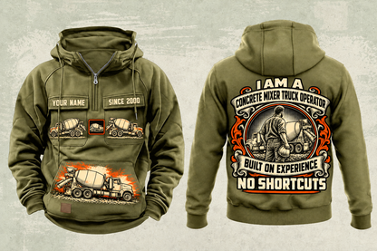 Personalized McNeilus Standard Rear Discharge Mixer Concrete Mixer Truck Vintage Hoodie in military-green, front and back artwork with YOUR NAME and SINCE 2000 sample text.