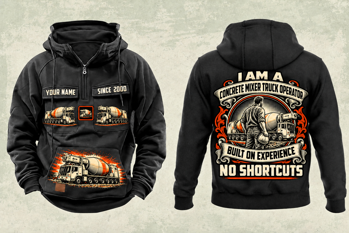 Personalized Oshkosh S-Series Front Discharge Concrete Mixer Truck Vintage Hoodie in black, front and back artwork with YOUR NAME and SINCE 2000 sample text.