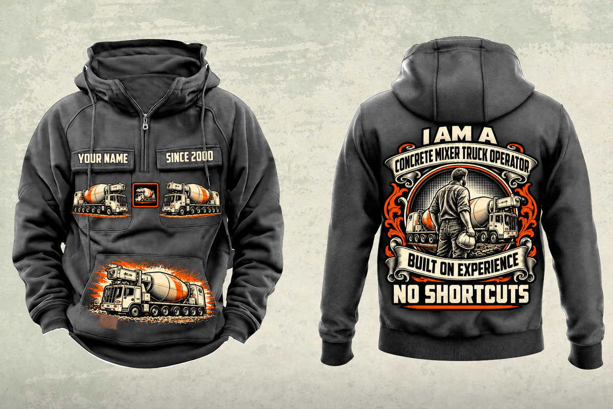 Personalized Oshkosh S-Series Front Discharge Concrete Mixer Truck Vintage Hoodie in dark-gray, front and back artwork with YOUR NAME and SINCE 2000 sample text.