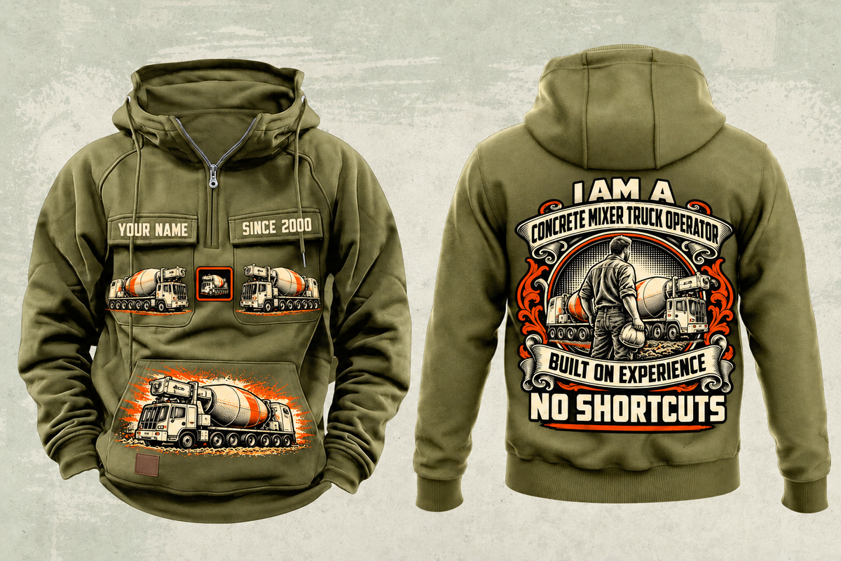 Personalized Oshkosh S-Series Front Discharge Concrete Mixer Truck Vintage Hoodie in military-green, front and back artwork with YOUR NAME and SINCE 2000 sample text.