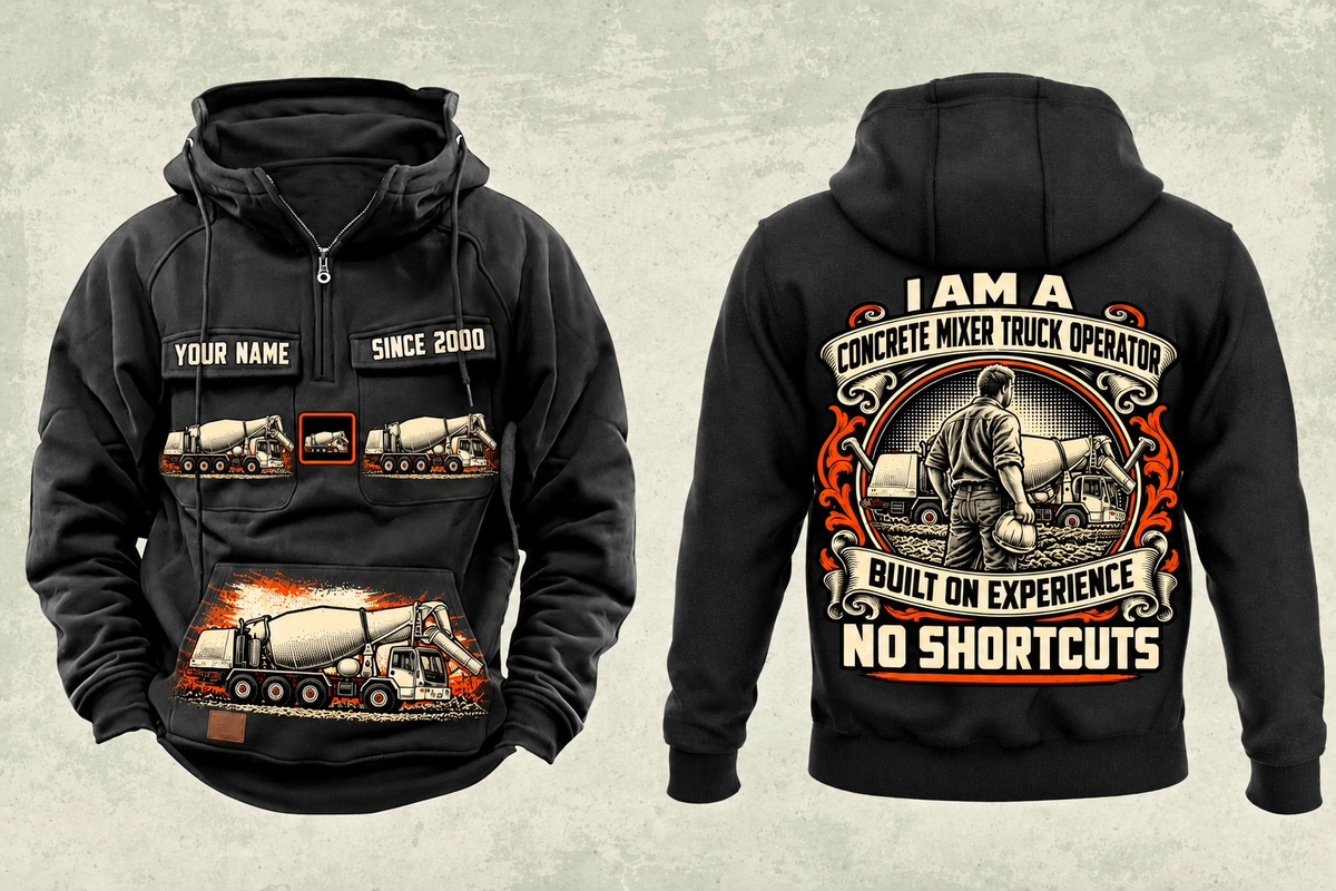 Personalized Terex Advance FD4000 Concrete Mixer Truck Vintage Hoodie in black, front and back artwork with YOUR NAME and SINCE 2000 sample text.