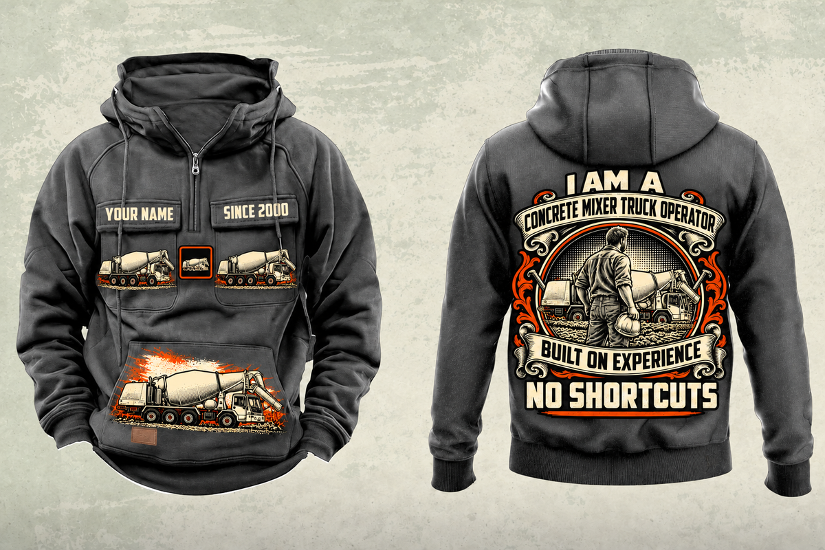 Personalized Terex Advance FD4000 Concrete Mixer Truck Vintage Hoodie in dark-gray, front and back artwork with YOUR NAME and SINCE 2000 sample text.