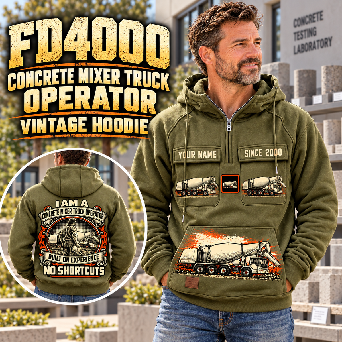 Personalized Terex Advance FD4000 Concrete Mixer Truck Vintage Hoodie in Military Green, front and back artwork with YOUR NAME and SINCE 2000 sample text.