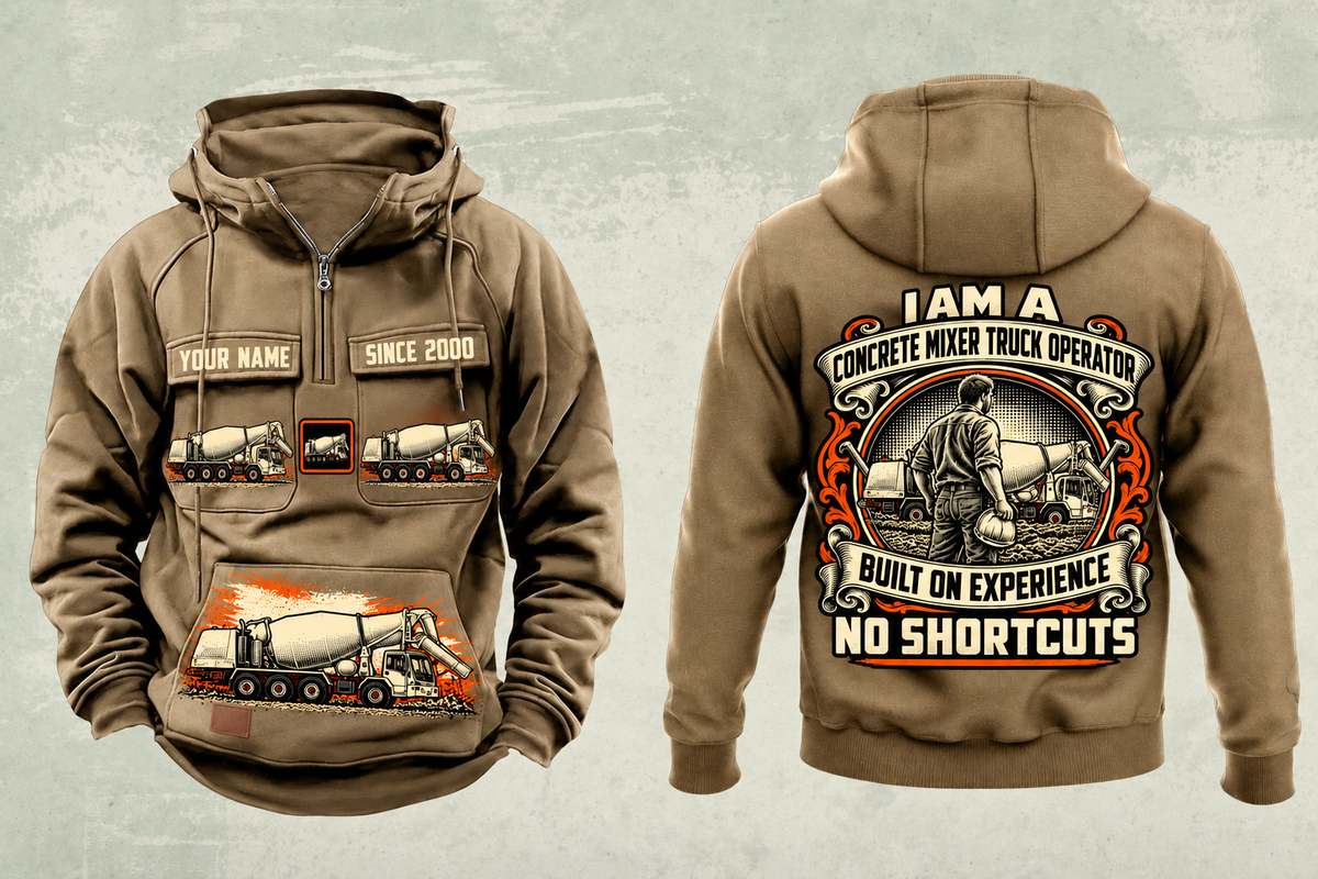 Personalized Terex Advance FD4000 Concrete Mixer Truck Vintage Hoodie in kaki, front and back artwork with YOUR NAME and SINCE 2000 sample text.