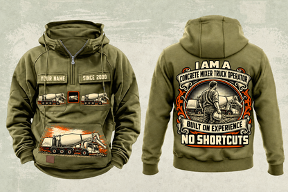 Personalized Terex Advance FD4000 Concrete Mixer Truck Vintage Hoodie in military-green, front and back artwork with YOUR NAME and SINCE 2000 sample text.