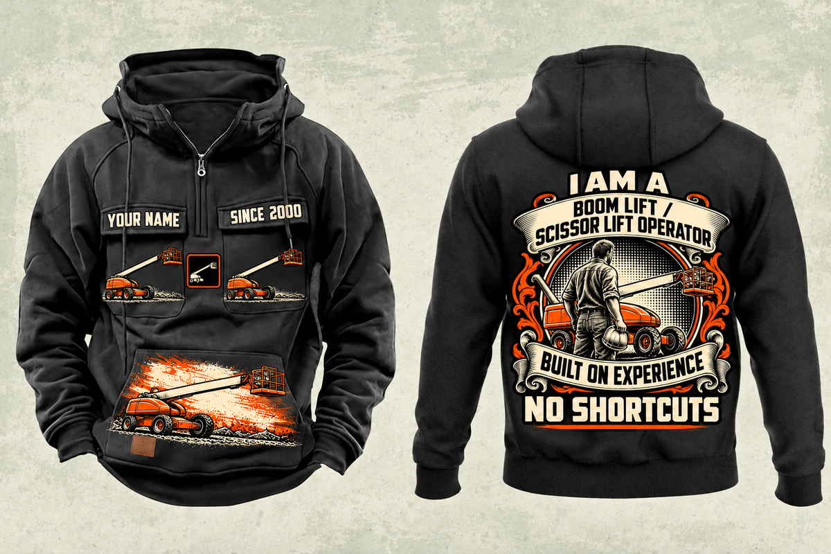 Personalized JLG 600S Telescopic Boom Lift Vintage Hoodie in black, front and back artwork with YOUR NAME and SINCE 2000 sample text.