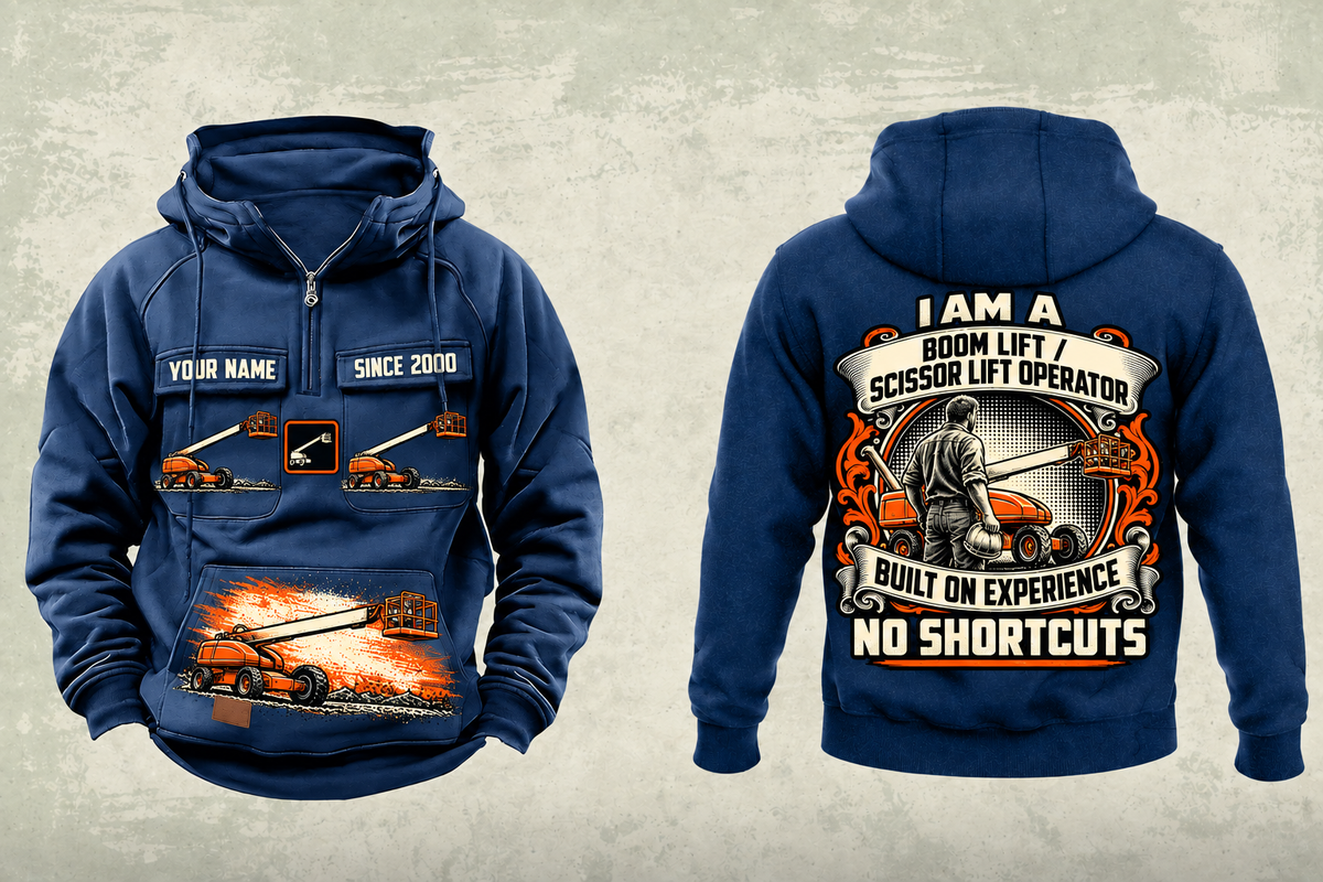 Personalized JLG 600S Telescopic Boom Lift Vintage Hoodie in dark-blue, front and back artwork with YOUR NAME and SINCE 2000 sample text.