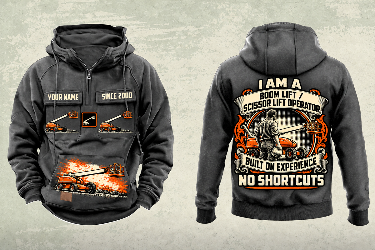 Personalized JLG 600S Telescopic Boom Lift Vintage Hoodie in dark-gray, front and back artwork with YOUR NAME and SINCE 2000 sample text.
