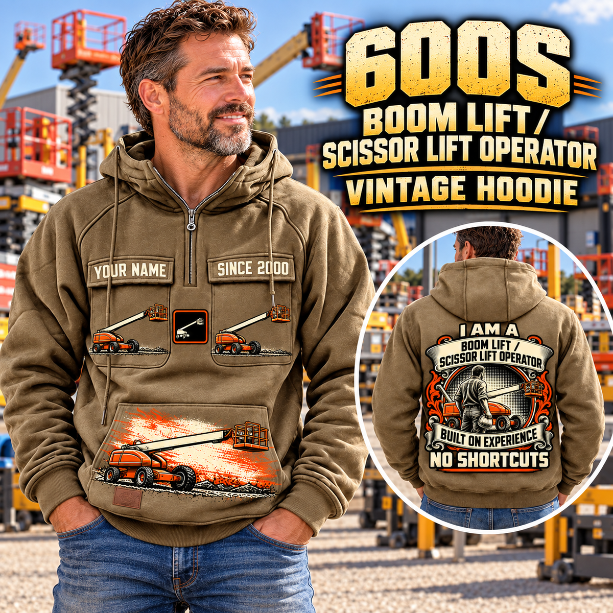 Personalized JLG 600S Telescopic Boom Lift Vintage Hoodie in Kaki, front and back artwork with YOUR NAME and SINCE 2000 sample text.