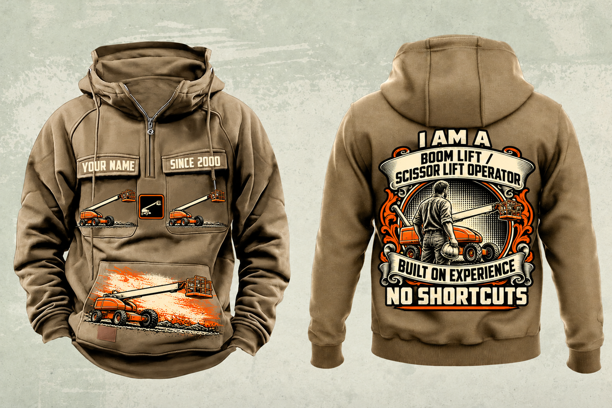 Personalized JLG 600S Telescopic Boom Lift Vintage Hoodie in kaki, front and back artwork with YOUR NAME and SINCE 2000 sample text.