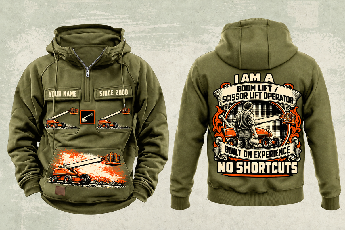 Personalized JLG 600S Telescopic Boom Lift Vintage Hoodie in military-green, front and back artwork with YOUR NAME and SINCE 2000 sample text.