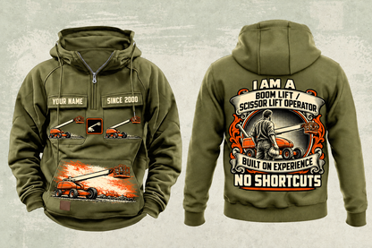 Personalized JLG 600S Telescopic Boom Lift Vintage Hoodie in military-green, front and back artwork with YOUR NAME and SINCE 2000 sample text.