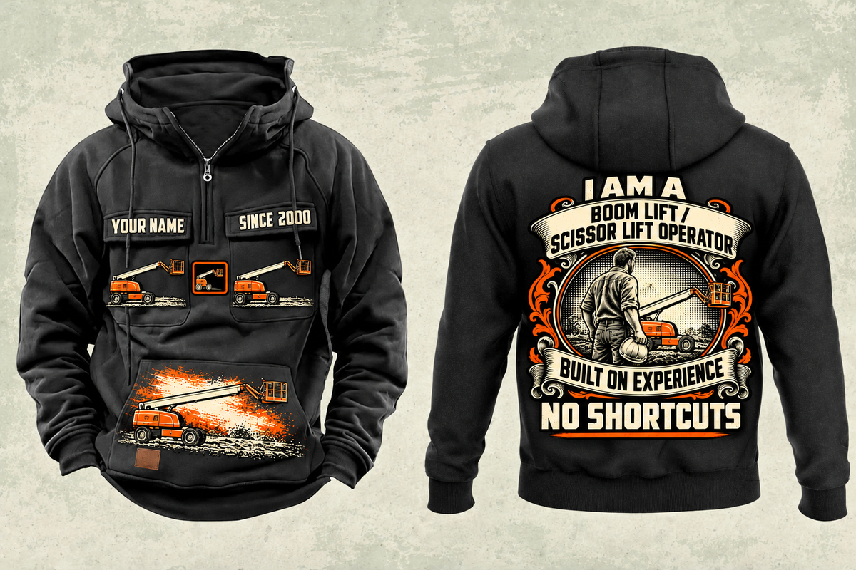 Personalized JLG 660SJ Telescopic Boom Lift with Jib Vintage Hoodie in black, front and back artwork with YOUR NAME and SINCE 2000 sample text.