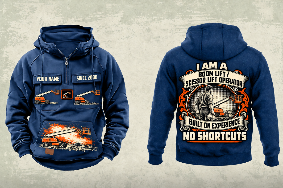 Personalized JLG 660SJ Telescopic Boom Lift with Jib Vintage Hoodie in dark-blue, front and back artwork with YOUR NAME and SINCE 2000 sample text.