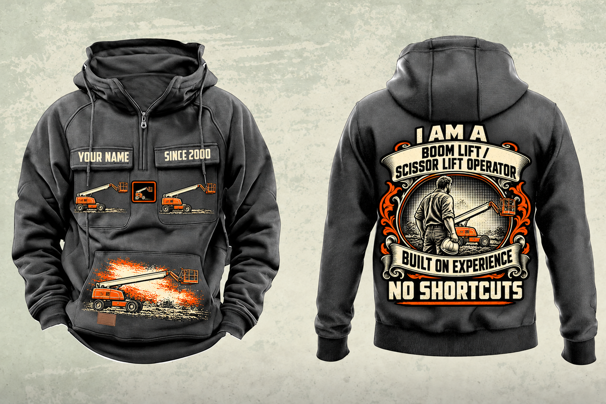 Personalized JLG 660SJ Telescopic Boom Lift with Jib Vintage Hoodie in dark-gray, front and back artwork with YOUR NAME and SINCE 2000 sample text.