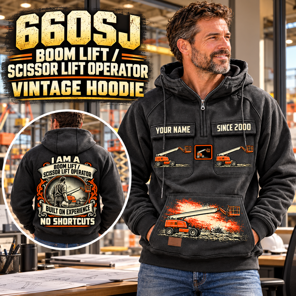 Personalized JLG 660SJ Telescopic Boom Lift with Jib Vintage Hoodie in Dark Gray, front and back artwork with YOUR NAME and SINCE 2000 sample text.