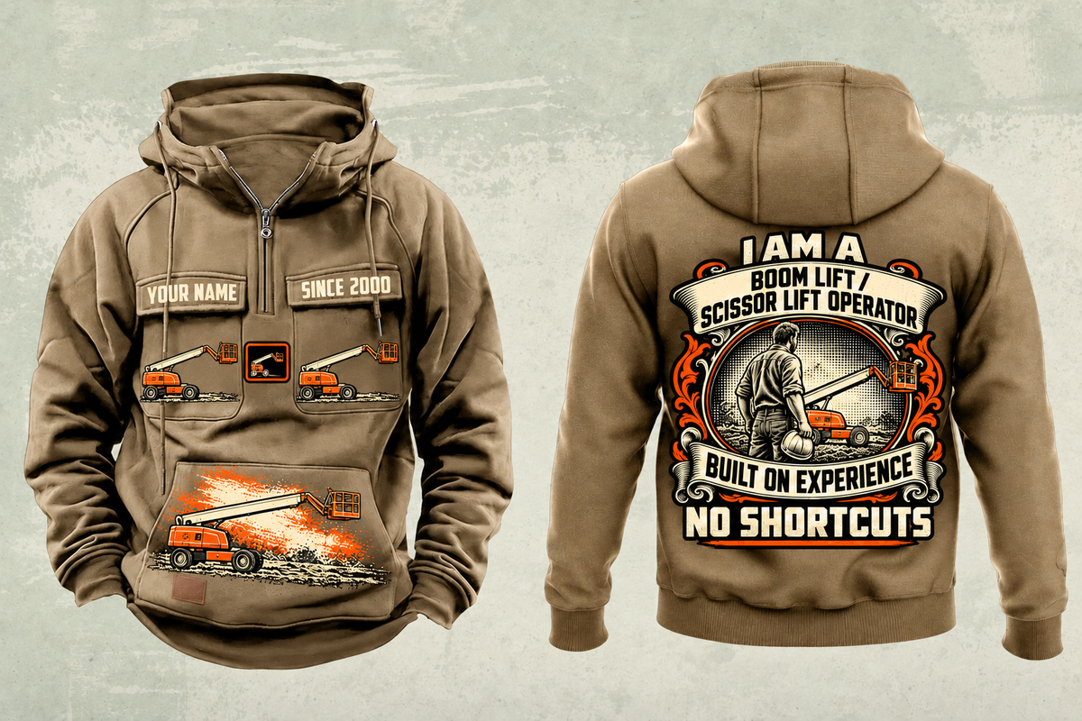 Personalized JLG 660SJ Telescopic Boom Lift with Jib Vintage Hoodie in kaki, front and back artwork with YOUR NAME and SINCE 2000 sample text.