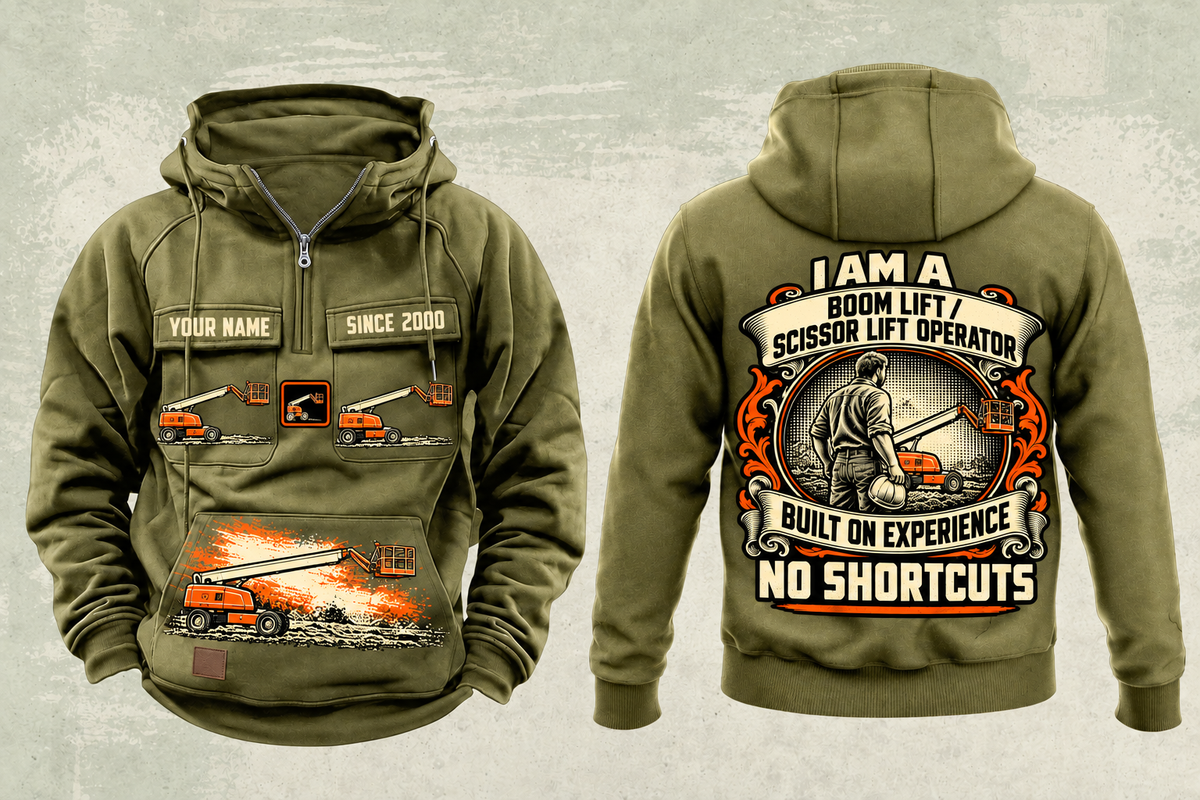 Personalized JLG 660SJ Telescopic Boom Lift with Jib Vintage Hoodie in military-green, front and back artwork with YOUR NAME and SINCE 2000 sample text.