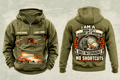 Personalized JLG 660SJ Telescopic Boom Lift with Jib Vintage Hoodie in military-green, front and back artwork with YOUR NAME and SINCE 2000 sample text.