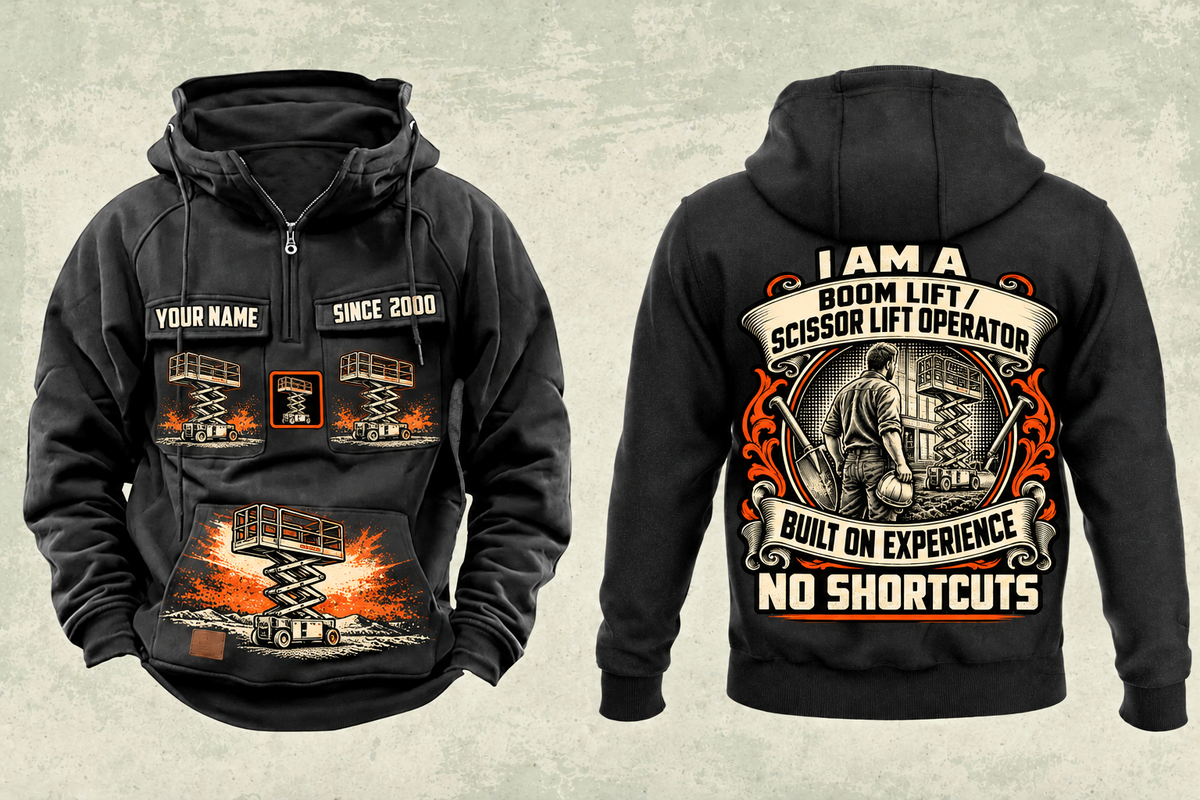 Personalized Genie GS-1930 Scissor Lift Vintage Hoodie in black, front and back artwork with YOUR NAME and SINCE 2000 sample text.