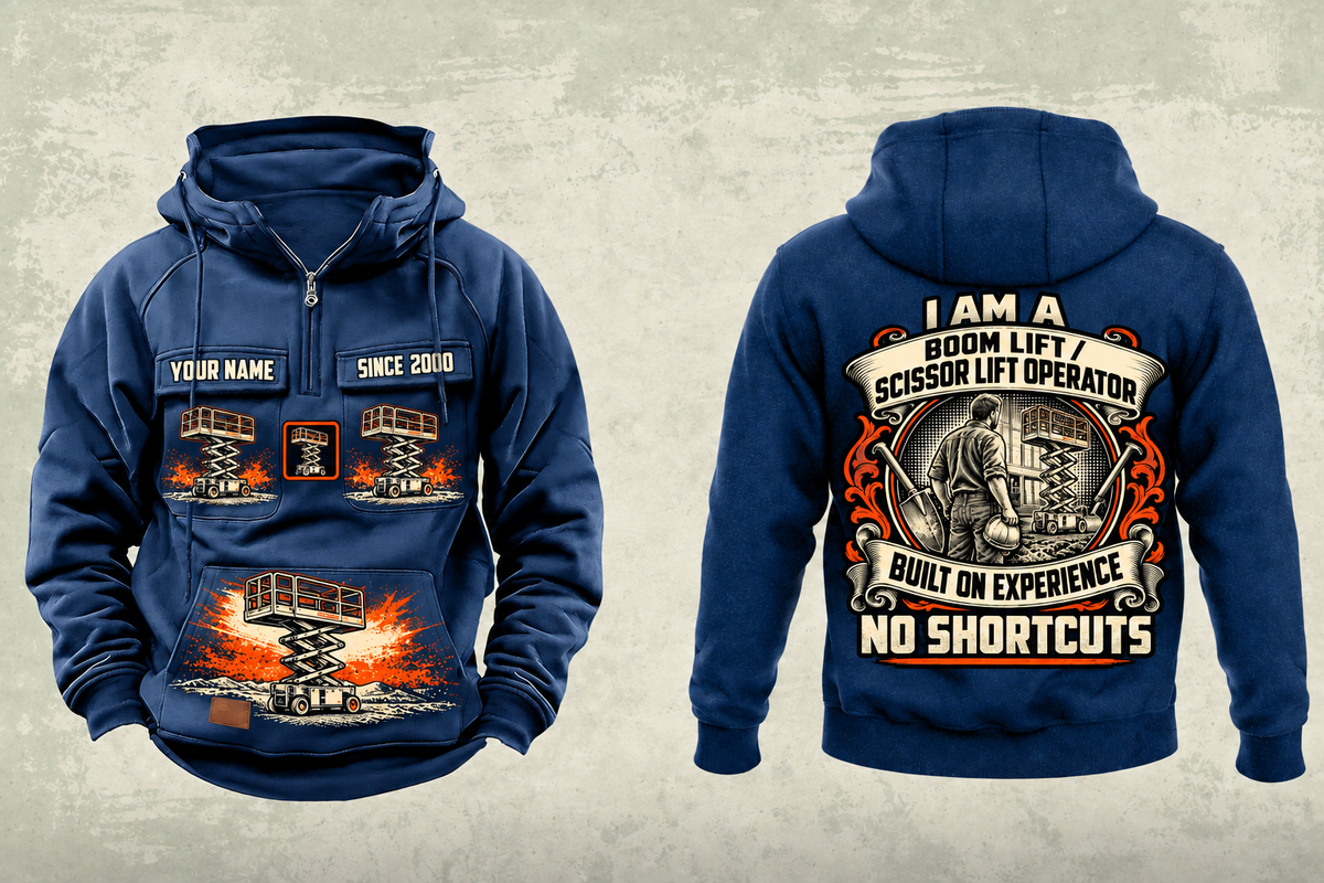 Personalized Genie GS-1930 Scissor Lift Vintage Hoodie in dark-blue, front and back artwork with YOUR NAME and SINCE 2000 sample text.