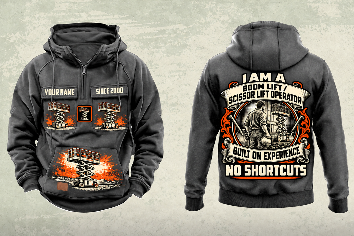 Personalized Genie GS-1930 Scissor Lift Vintage Hoodie in dark-gray, front and back artwork with YOUR NAME and SINCE 2000 sample text.