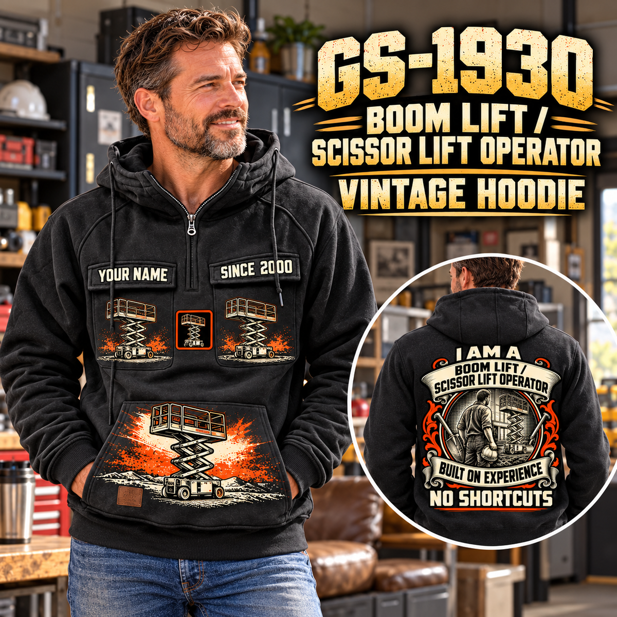 Personalized Genie GS-1930 Scissor Lift Vintage Hoodie in Black, front and back artwork with YOUR NAME and SINCE 2000 sample text.