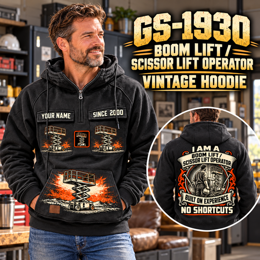 Personalized Genie GS-1930 Scissor Lift Vintage Hoodie in Black, front and back artwork with YOUR NAME and SINCE 2000 sample text.
