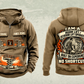 Personalized Genie GS-1930 Scissor Lift Vintage Hoodie in kaki, front and back artwork with YOUR NAME and SINCE 2000 sample text.