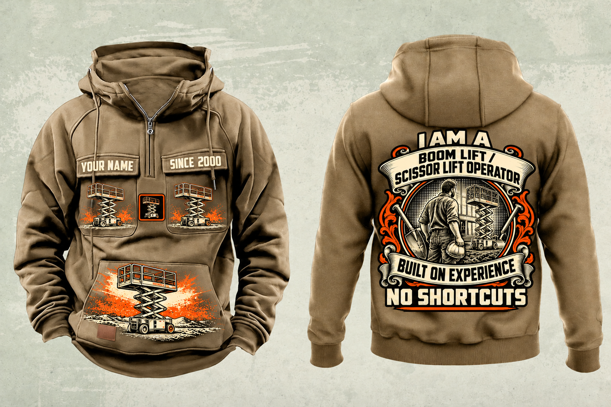 Personalized Genie GS-1930 Scissor Lift Vintage Hoodie in kaki, front and back artwork with YOUR NAME and SINCE 2000 sample text.