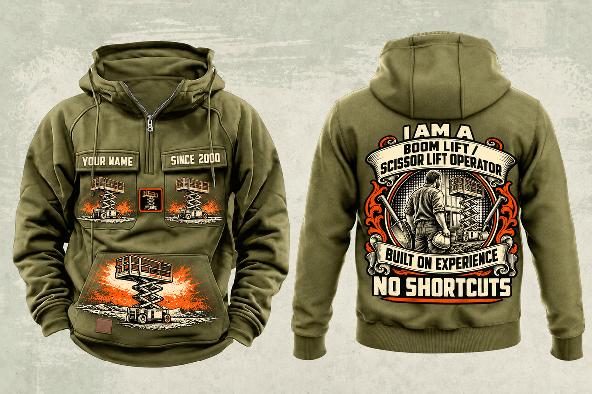 Personalized Genie GS-1930 Scissor Lift Vintage Hoodie in military-green, front and back artwork with YOUR NAME and SINCE 2000 sample text.