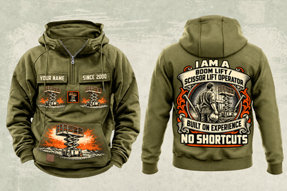 Personalized Genie GS-1930 Scissor Lift Vintage Hoodie in military-green, front and back artwork with YOUR NAME and SINCE 2000 sample text.