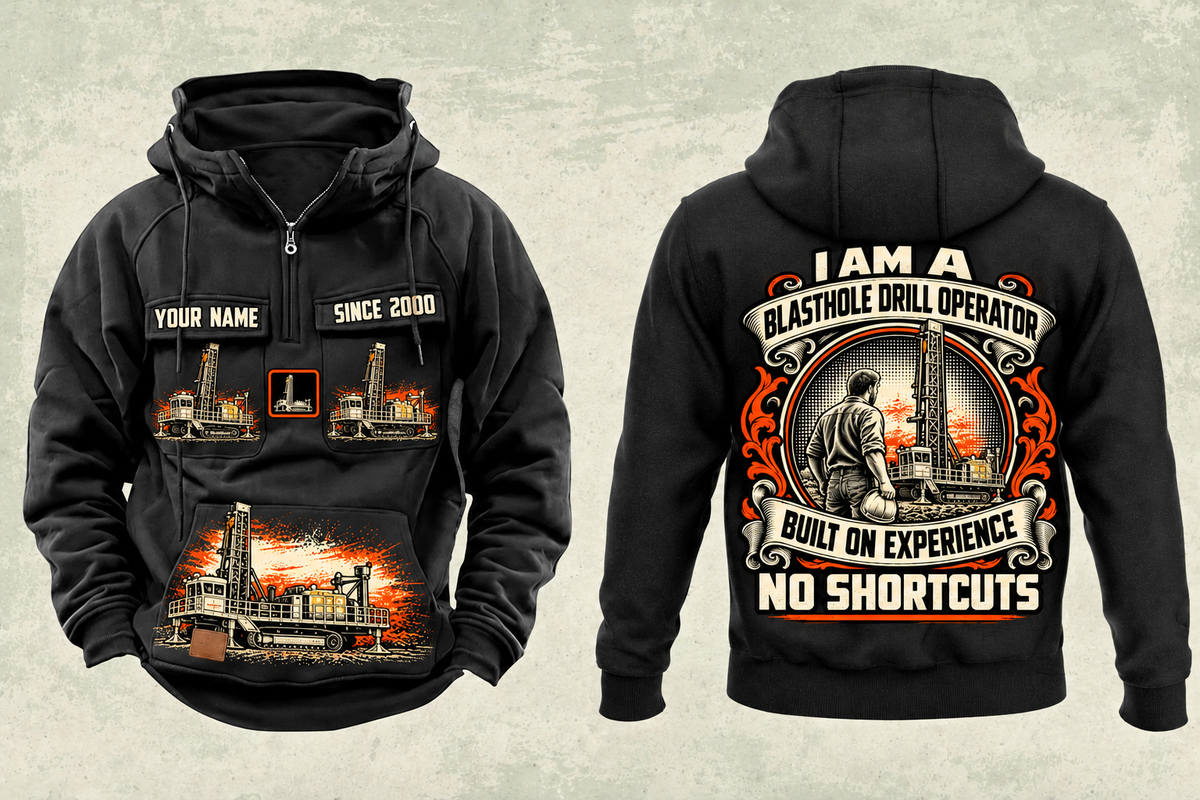 Personalized Pit Viper 271 Blasthole Drill Operator Vintage Hoodie in black, front and back artwork with YOUR NAME and SINCE 2000 sample text.