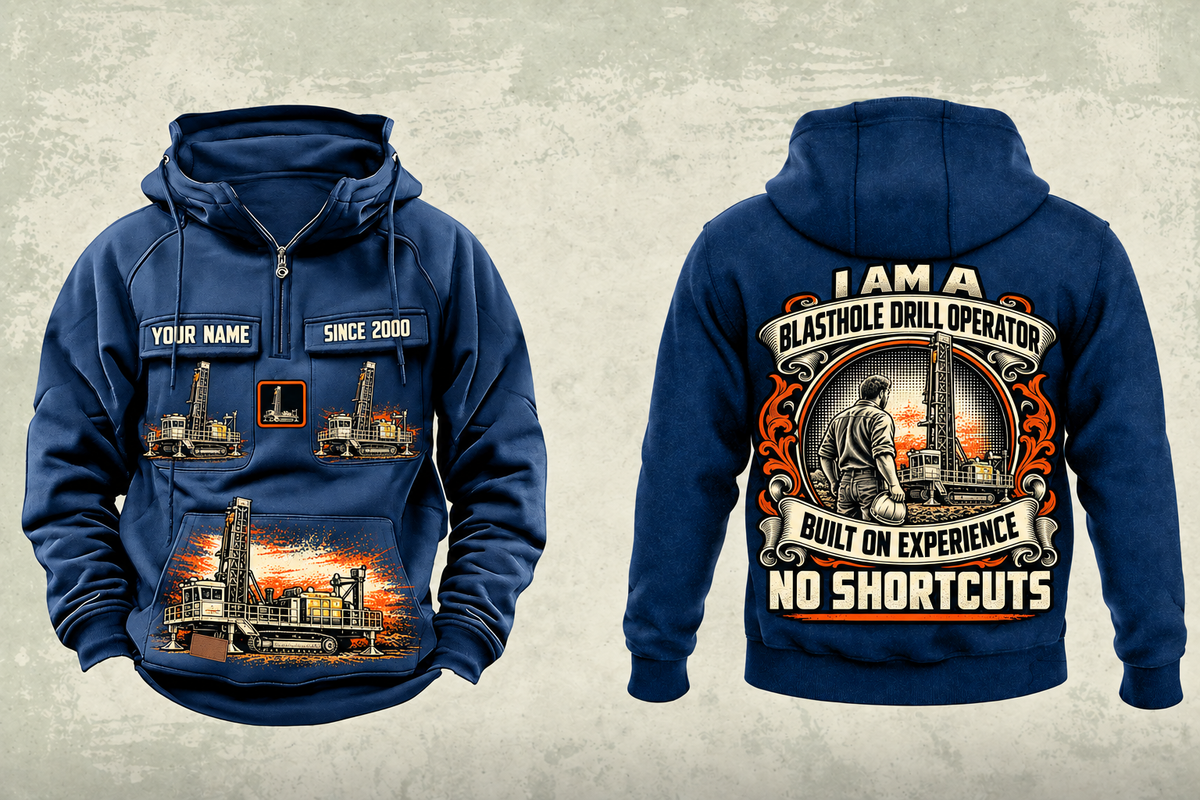 Personalized Pit Viper 271 Blasthole Drill Operator Vintage Hoodie in dark-blue, front and back artwork with YOUR NAME and SINCE 2000 sample text.