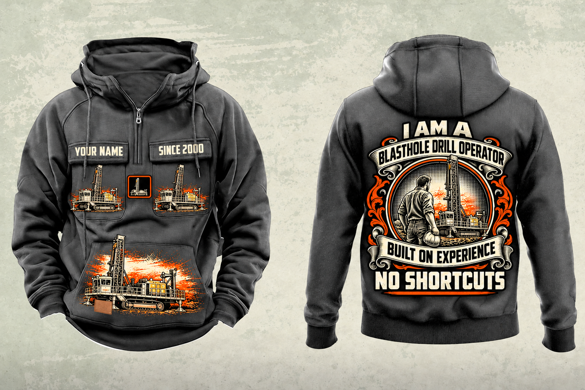Personalized Pit Viper 271 Blasthole Drill Operator Vintage Hoodie in dark-gray, front and back artwork with YOUR NAME and SINCE 2000 sample text.