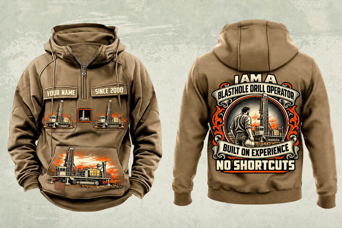 Personalized Pit Viper 271 Blasthole Drill Operator Vintage Hoodie in kaki, front and back artwork with YOUR NAME and SINCE 2000 sample text.