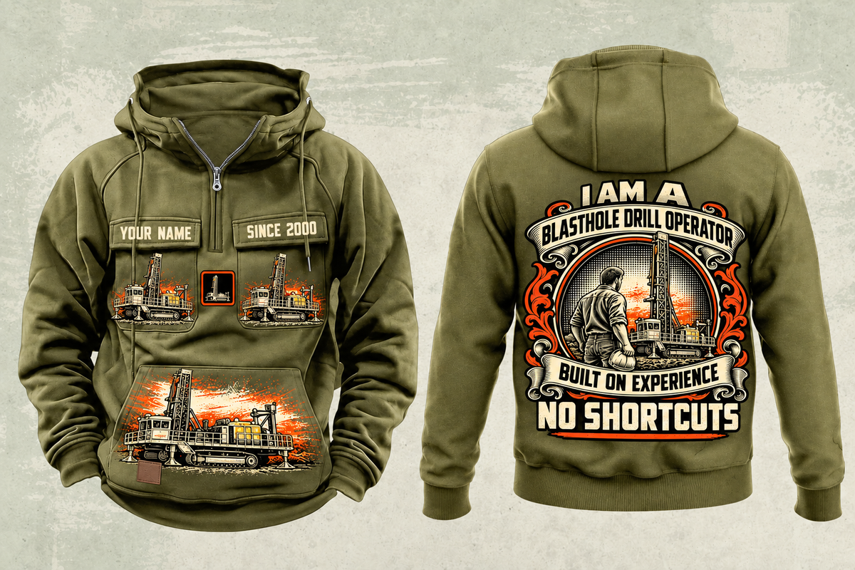 Personalized Pit Viper 271 Blasthole Drill Operator Vintage Hoodie in military-green, front and back artwork with YOUR NAME and SINCE 2000 sample text.
